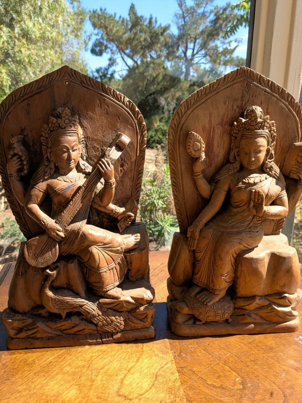 Pair Vintage Hand-Carved Wood Indian Goddess - Saraswati & Gayatri - 12"